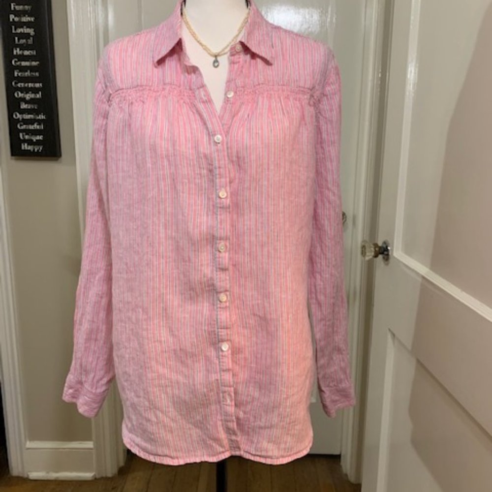 Lands End Pink & Blue Linen Blouse w/ Smocking